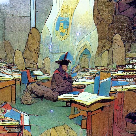 A lone figure in a dark hat and coat sits at a desk in a dimly lit, cluttered room filled with stacks of books and papers, under a glowing blue and gold emblem on the wall.