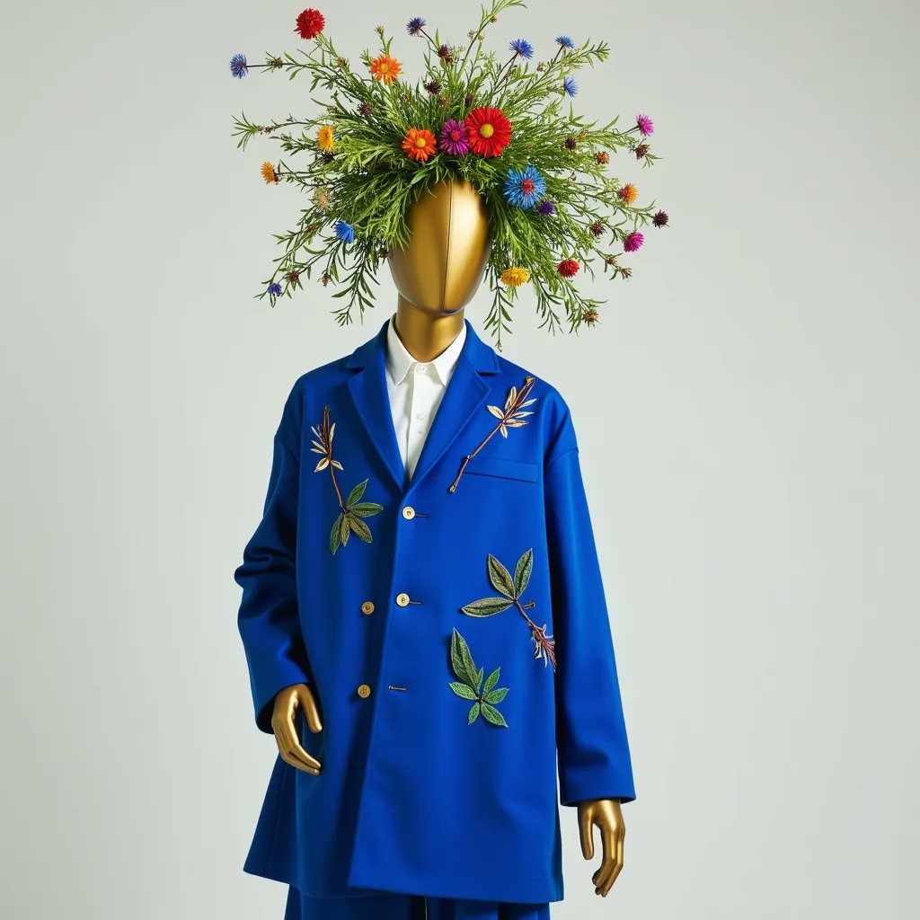 A golden mannequin wears a vibrant blue blazer adorned with embroidered leaves and branches, paired with a white shirt, while a lush, colorful bouquet of flowers sprouts from its head against a plain white background.